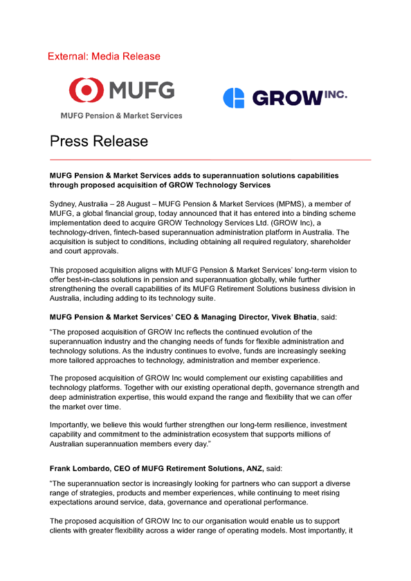 Preview of announcement: MUFG Pension & Market Services Adds To Superannuation Solutions Capabilities Through Proposed Acquisition Of GROW Technology Services